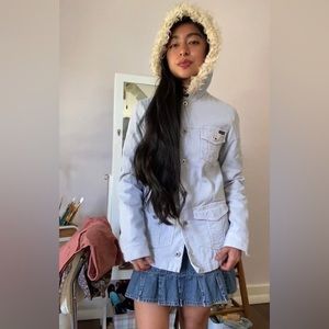 Blue corduroy winter jacket‎ with fur lined hoodie